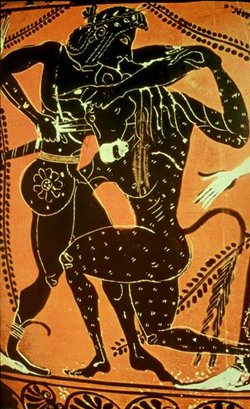 Theseus battles the Minotaur on a black-figure vase