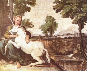 The gentle and pensive virgin has the power to tame the unicorn, in this fresco in Palazzo Farnese, Rome, probably by Domenichino, ca 1602